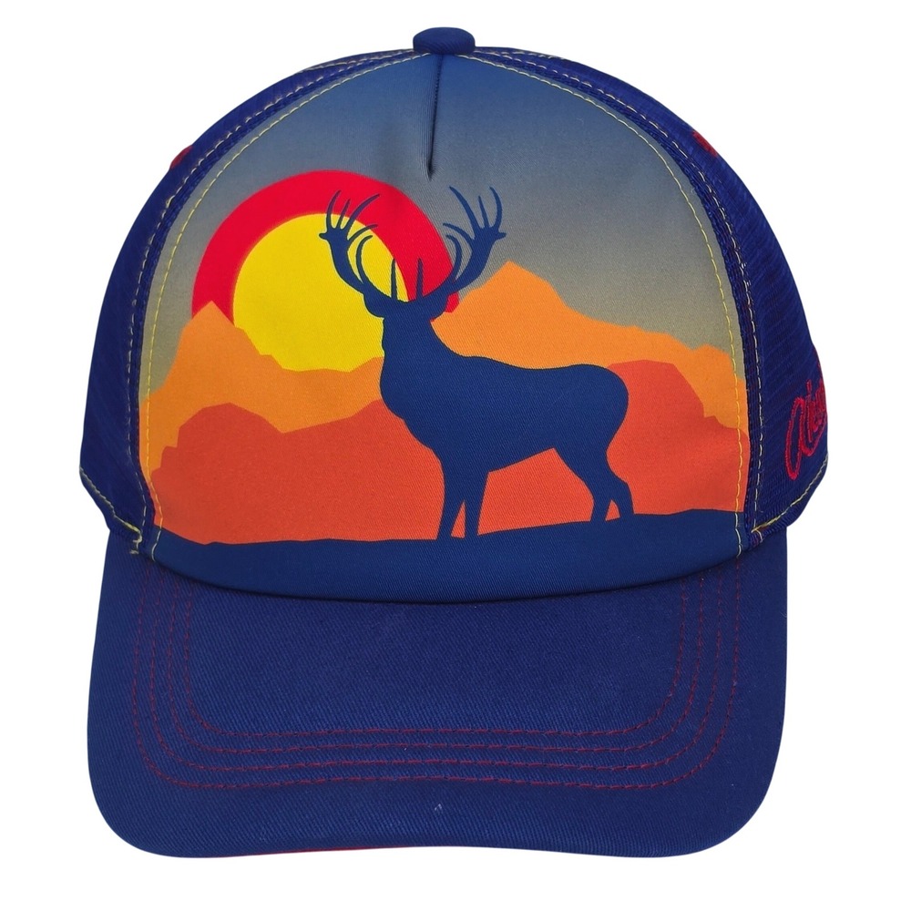 Aksels Colorado Elk Sunset Trucker Hat Mens OSFA Blue Mesh Snapback Graphic Cap